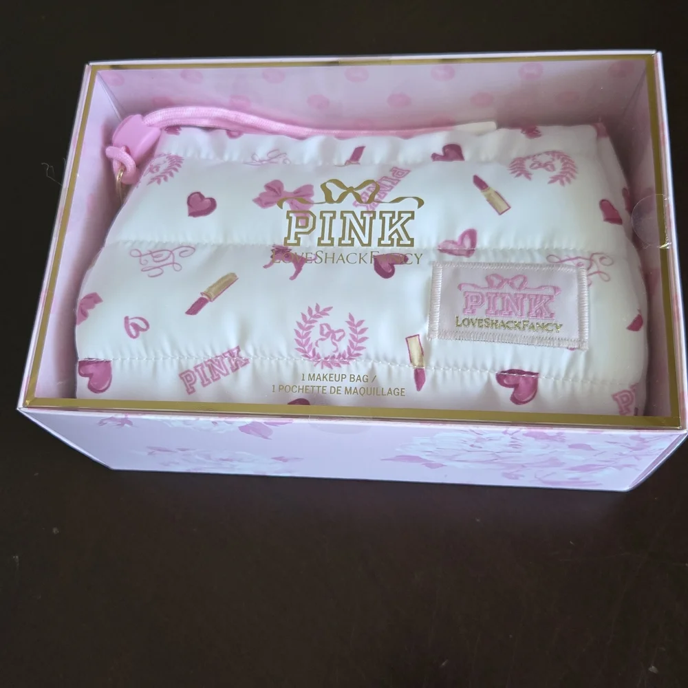 PINK Victoria's Secret Love Shack Fancy White and Pink Patterned Make Up Bag